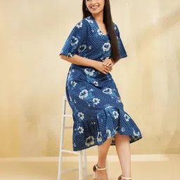 Fabindia Women Floral Printed Cotton Flared Sleeve Fit & Flare Midi Dress-image-27