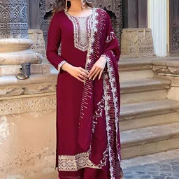 STYLENZA Women Ethnic Motifs Embroidered Regular Thread Work Kurta with Trousers & With Dupatta image 3