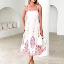 HERE&NOW Ethnic Motifs Printed Shoulder Straps Fit and Flare Midi Dress-image-4