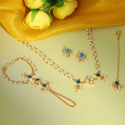 Ruby Raang Girls Gold-Plated Kundan-Studded & Pearls Beaded Jewellery Set-image-54