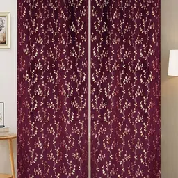 Aura Violet & Gold-Toned 2 Pieces Floral Velvet Black Out Long Door Curtains-image-86