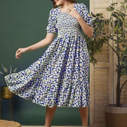 PTVIZE Women Floral Printed Smocked Tiered Crepe Fit & Flare Dress-image-50