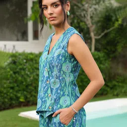 JISORA Printed V-Neck Cotton Top With Trouser image 4