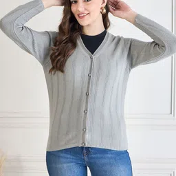 CLAPTON Women V-Neck Striped Woollen Cardigan-image-87