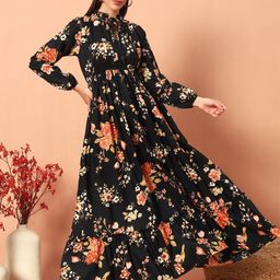 Krunal Raiyani Women Floral Printed Tie-Up Neck Fit & Flare Maxi Dress-picture-16
