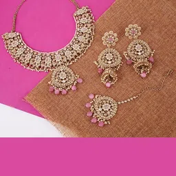 SALONI FASHION JEWELLERY Women Gold-Plated Kundan-Stone Studded & Beaded Jewellery Set-image-19