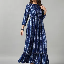 Femvy Dyed Tie-Up Neck Gathered or Pleated Casual A-Line Maxi Dress-image-0