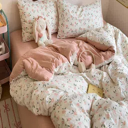 JC HOME Pink & White 4 Pieces Floral Double XL AC Room Bedding Set image 2