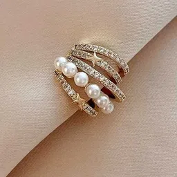 Bling Queen Stainless Steel Gold-Plated Cubic Zirconia Studded Pearls Contemporay Ear Cuff-picture-18