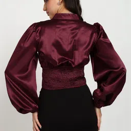 Asami Puff Sleeve Satin Wrap Crop Top image 2