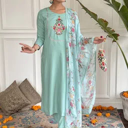 KALINI Round Neck Floral Embroidered Thread Work Straight Kurta with Trouser & Dupatta-picture-40