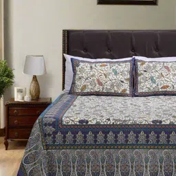 SHAHENAZ Blue & Cream-Coloured Floral 120 TC Queen Bedsheet with 2 Pillow Covers-image-12