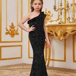 FOLENNE Embellished One Shoulder Flutter Sleeve PU Coated Velvet Maxi Dress image 5