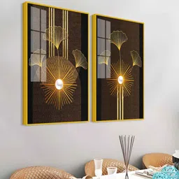 vibecrafts Abstract Golden Ginkgo Leaf Acrylic Art Framed Art Panel (Set Of 2) image 4