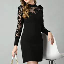 sfoty Women Bodycon Black Above Knee/Mid Thigh Length Dress-picture-11
