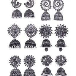 MEENAZ Set Of 6 Silver Plated Oxidised Dome Shaped Jhumkas-image-97