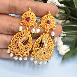 MEIRA JEWELLERY Artificial Stones Studded & Beaded Teardrop Shaped Drop Earrings-picture-35