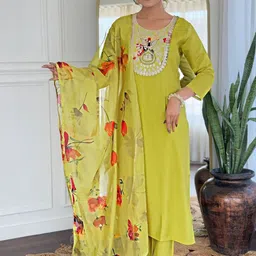 JISHNAM Floral Embroidered Round Neck Thread Work Kurta With Salwar & Dupatta-picture-29