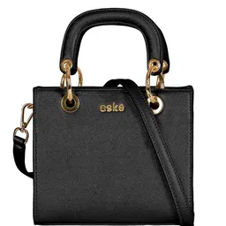 eske Women Black Solid Gold Hardware Turn Lock Adjustable Strap Leather Handheld Handbag-image-14