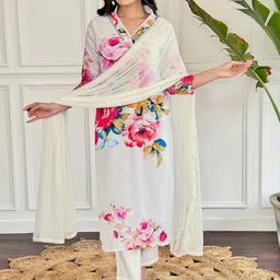 CaniBani Women Floral Printed Regular Silk Crepe Kurta with Trousers & With Dupatta-picture-16