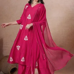 GoSriKi Women Ethnic Motifs Embroidered Regular Thread Work Kurta with Palazzos & With Dupatta image 4