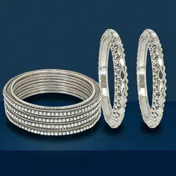 FEMMIBELLA Women Set Of 6 Silver-Plated Beaded Bangles-image-8