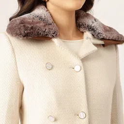 Okane Shimmer Effect Self Striped Double Breasted Overcoat With Removable Faux Fur Collar image 2