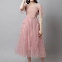 CORSICA Square Neck Puff Sleeve Gathered Net Fit & Flare Midi Dress-picture-14
