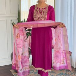 TRAHIMAM Women Ethnic Motifs Embroidered Regular Kurta with Trousers & With Dupatta-picture-11