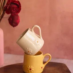 WEAVING HOMES Set Of 2 Yellow & Off WhiteSolid Ceramic Glossy Cups and Mugs image 4