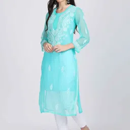 KHAKA Ethnic Motifs Embroidered Regular Chikankari Kurta with Churidar & With Dupatta-picture-19