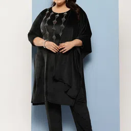 BAESD Women Regular Beads and Stones Velvet Kurta with Trousers & With Dupatta image 1