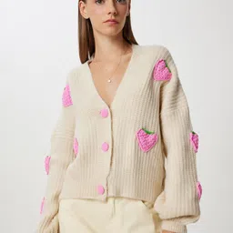 Happiness istanbul Women V-Neck Long Sleeves Ribbed Cardigan With Applique Detail image 5