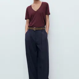 MANGO Women V-Neck Linen T-shirt image 3