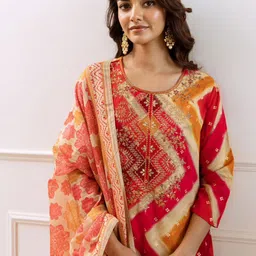 Anouk Geometric Printed Regular Zari Straight Kurta with Palazzos & Dupatta-picture-30