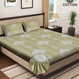 Myntra Elegant Homes Olive Green & White Floral 400 TC King Bedsheet with 2 Pillow Covers-image-21