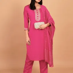 Ruvii Women Ethnic Motifs Embroidered Regular Thread Work Kurta with Trousers & With Dupatta-picture-23