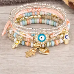 MEENAZ Set Of 6 Gold-Plated Artificial Stone Studded & Beaded Charm Bracelets-image-20