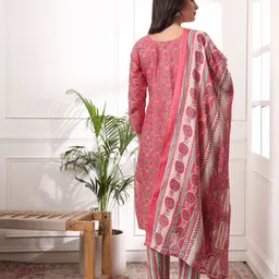 KALINI Women Floral Printed Regular Pure Cotton Kurti with Trousers & With Dupatta image 4