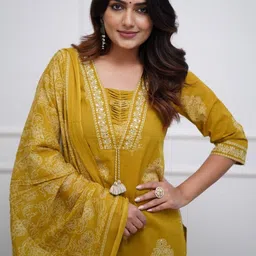 JAIPURI COLLECTION Women Ethnic Motifs Printed Regular Mirror Work Pure Cotton Kurta with Trousers & With image 2