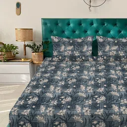 Arrabi Blue & Grey Floral 350 TC King Bedsheet with 2 Pillow Covers image 3