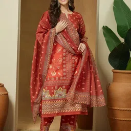 Janasya Women Rust Cotton Floral Printed Pakistani Straight Kurta Set-picture-16
