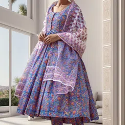GoSriKi Women Floral Printed Regular Kurta with Trousers & With Dupatta image 3