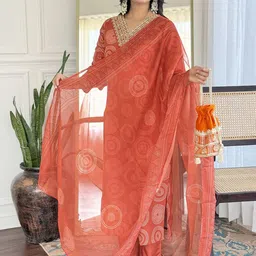 S.K.C Women Bandhani Yoke Design Kurta with Trousers & Dupatta image 5