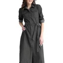 Tripursundari Fashion Women Long Sleeves Denim Shirt Dress-image-47