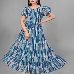 QENA Women Abstract Printed Puff Sleeve Georgette Fit & Flare Maxi Dress-picture-36