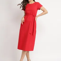 FableStreet Women Red Cotton Knit A-Line Midi Dress-picture-6
