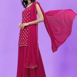 PARROT CREATION Geometric Embroidered Sequinned Georgette Kurti with Sharara And Dupatta-picture-16