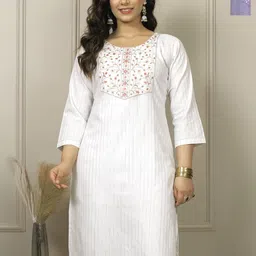 AUZAAI COLLECTION Selection Of 2 Floral Embroidered Round Neck Thread Work Cotton Kurtas-image-25