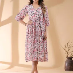 Janasya Floral Printed Wrap Ethnic Dress image 1
